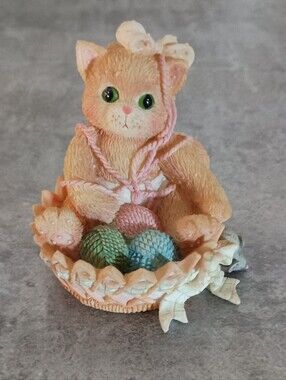 Enesco Peach Kitty Figurine with Green and Blue Yarn